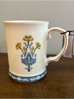 Morris & Co Tea or Coffee Mug Blue & Yellow Floral Design with Gold Accents NWT.